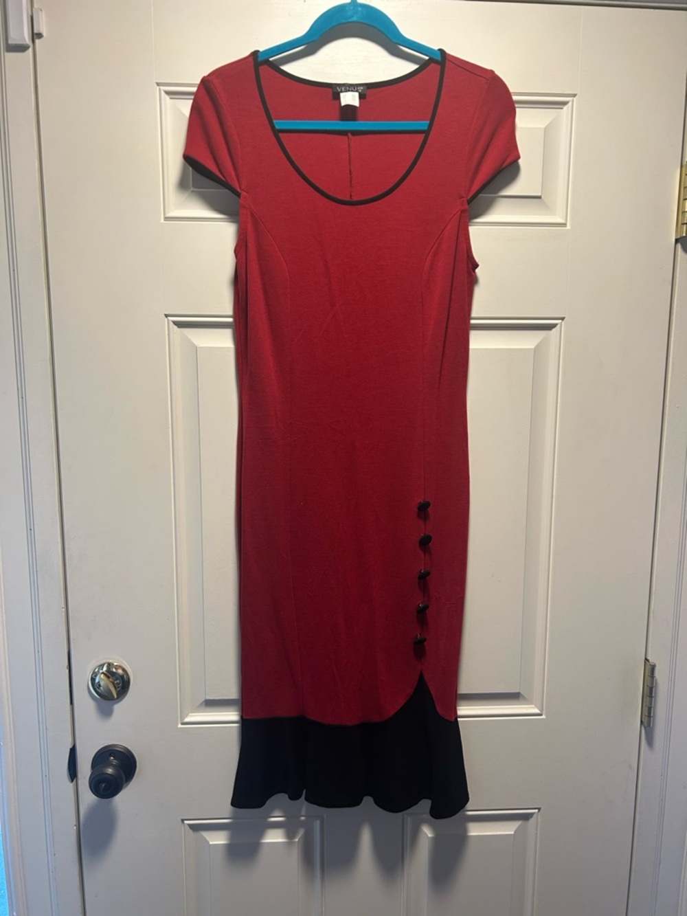 Venus Red Scoop Neck WiggleDress with Black Hem